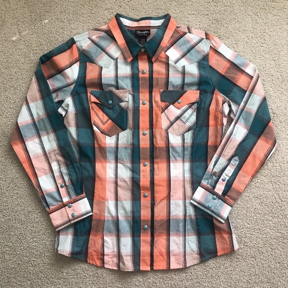 Wrangler Retro Snap Long Sleeve Collared Western Shirt Peach Turquoise LW5013M - Picture 1 of 10